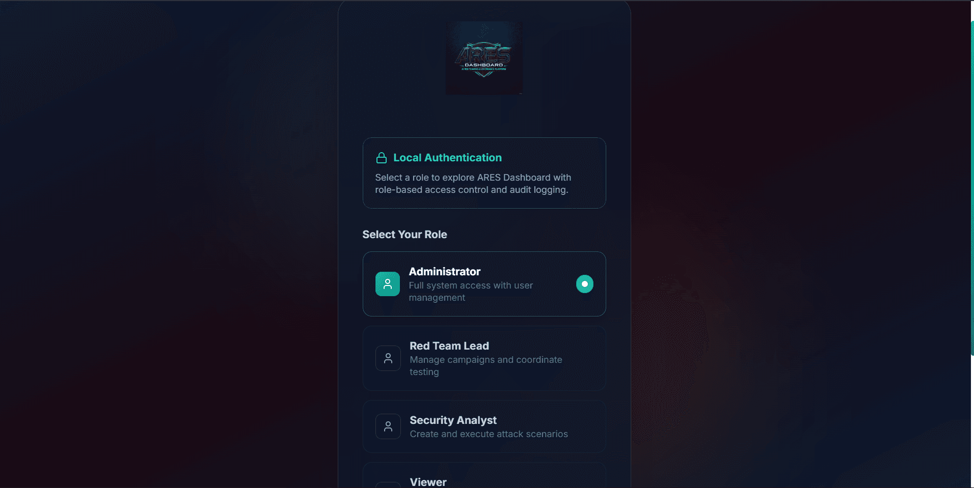 ARES Dashboard interface